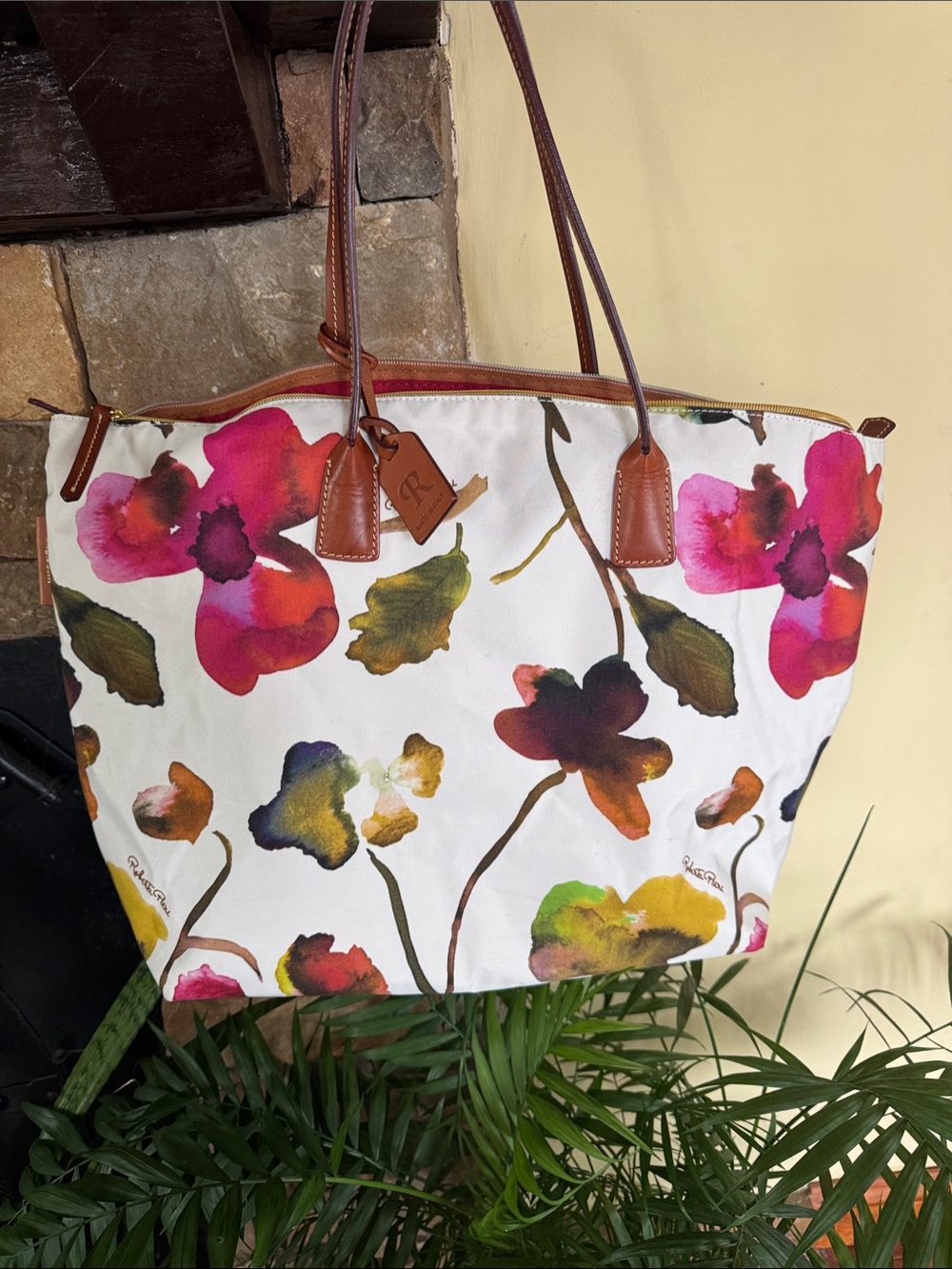 Floral Canvas Tote Bag with Brown Leather Trim